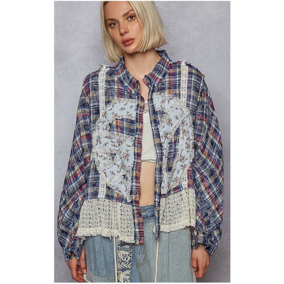 POL Blue Mix Plaid Floral Print Peace Patchwork Long Sleeve Button Up Shirt  Cot - Picture 3 of 4